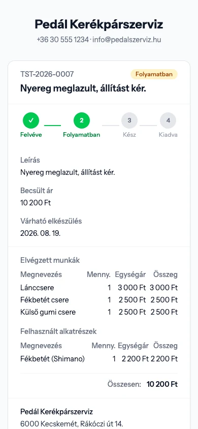 A nyilvános követőoldal telefonon, ahol az ügyfél látja, hol tart a javítás